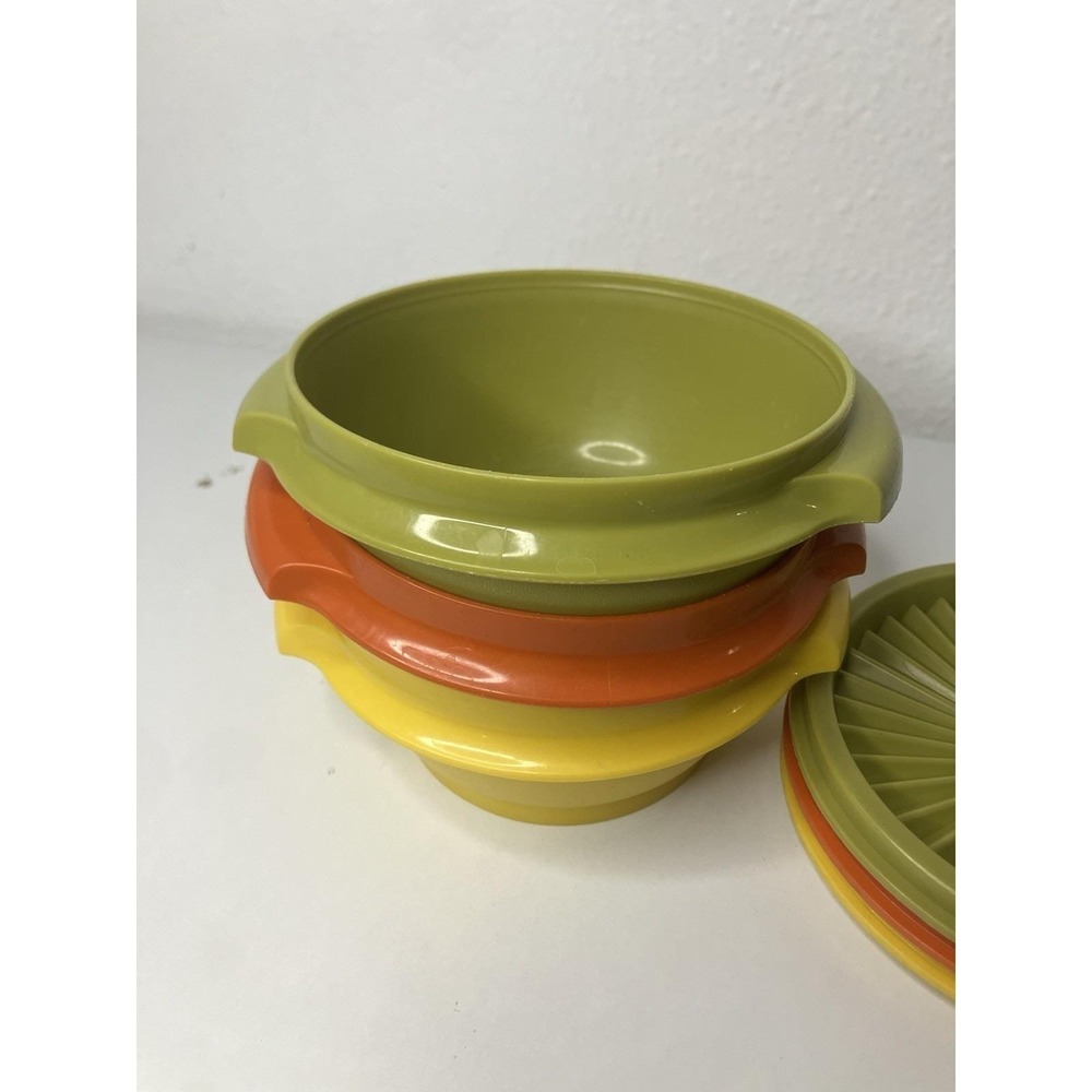 VTG 1970's Tupperware Harvest Snack Bowls Servalier Gold Burnt Orange Avocado - Picture 3 of 13